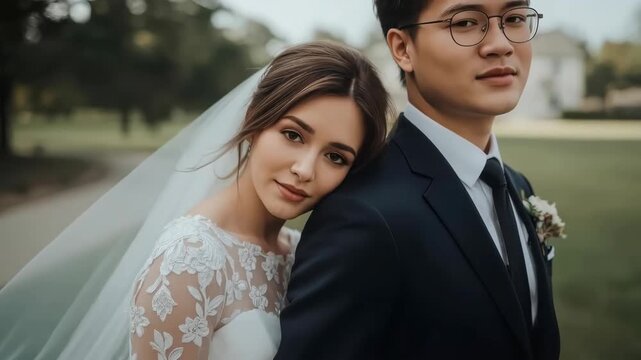 Wedding Couple Portrait in Park, Joyful Newlyweds Posing Outdoors, Bride Leaning Against Groom