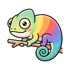 Cute rainbow chameleon sitting on tree branch cartoon vector illustration isolated on white background © bhavana