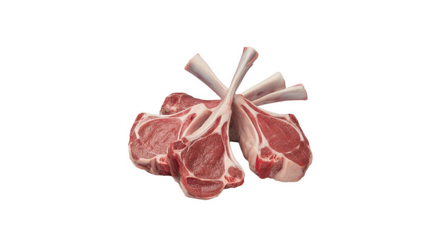 A cluster of raw lamb chops with exposed rib bones, featuring fresh red meat and white fat, arranged on a plain white background surface