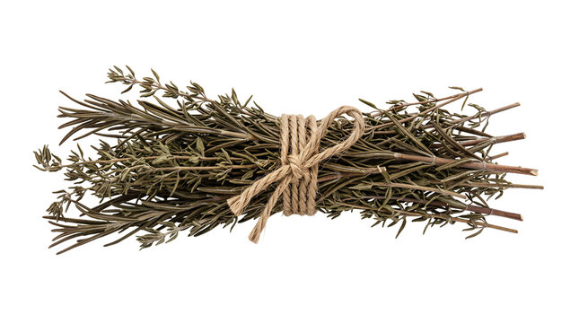 Bundle of dried thyme herbs tied with natural twine isolated on transparent background.