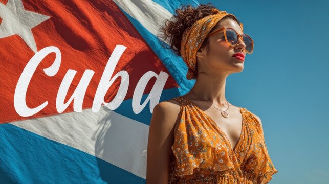 Woman stands in front of Cuba flag wearing sunglasses and headband with bright sunlight in clear blue sky
