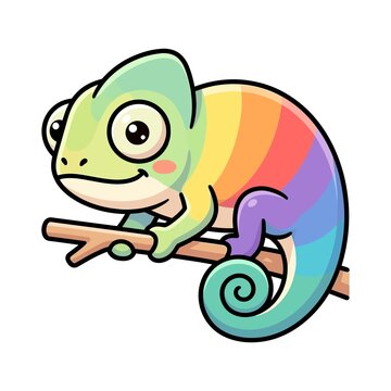 Cute rainbow chameleon sitting on tree branch cartoon vector illustration isolated on white background