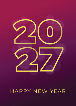 Happy New Year 2027 vertical card template. Golden outline numbers and bokeh lights on purple gradient background.