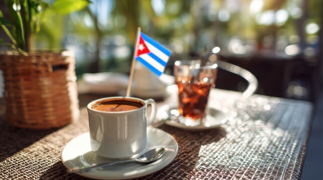 Coffee and tea served in a cafe with a Cuban flag on a sunny day in an outdoor setting