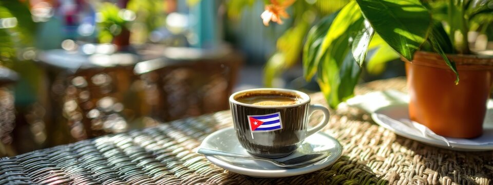 Coffee cup with Cuban flag sits on a table in a cafe surrounded by plants in a sunny outdoor setting in the afternoon