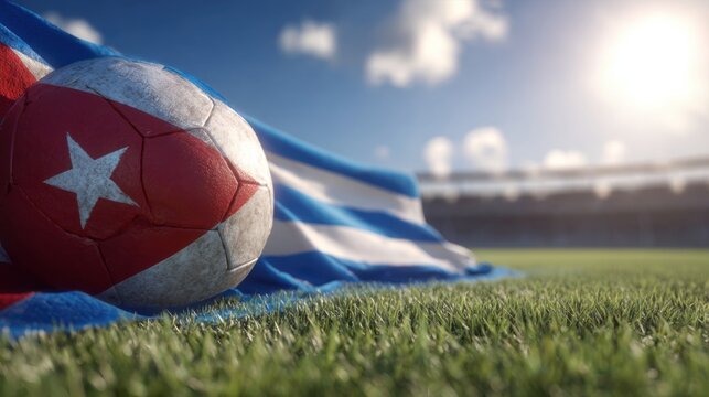 Soccer ball rests on grass beside Cuban flag in a stadium during daylight hours