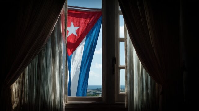 View through a window showing a Cuban flag waving in the breeze during the daytime in Cuba