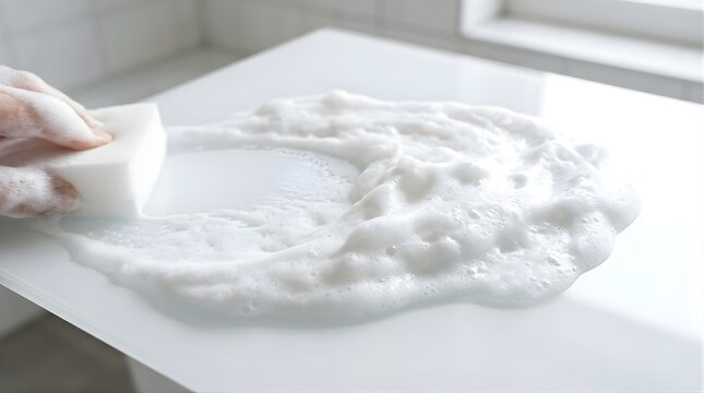 Hand cleaning white surface with soapy foam sponge in bright kitchen