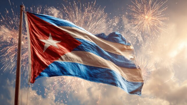 Cuban flag waves in the sky as fireworks light up the night during a celebration in Cuba on a festive evening