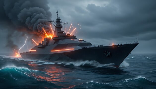 Modern naval destroyer under attack at sea. Burning military warship with fire and smoke. Stealth frigate in stormy ocean combat.