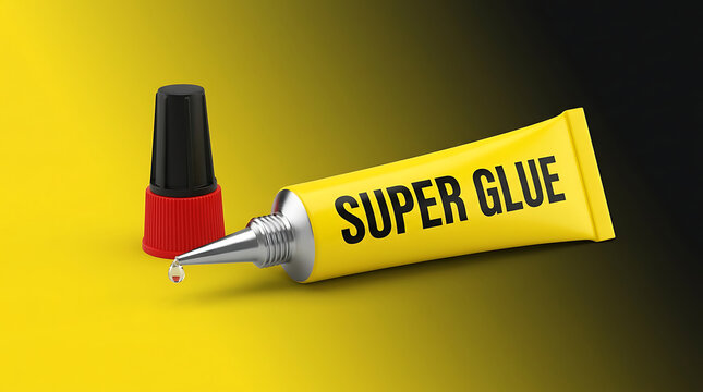 Yellow super glue tube with dripping adhesive and red cap against a vibrant background