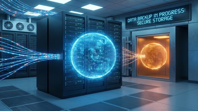 Data backup in progress on computer servers in a secure storage facility with servers backing infrastructure cybersecurity information technology database network digital