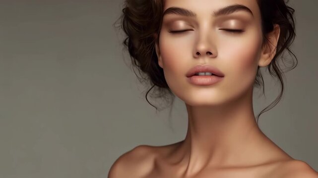 Young Woman Portrait with Natural Makeup, Artistic Beauty, Soft Face Expression and Studio Lighting