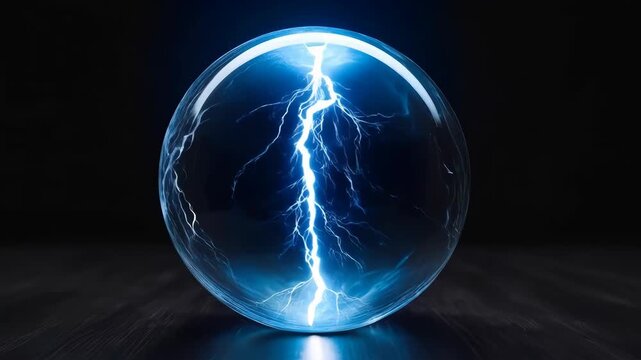 Electric Sphere With Blue Lightning, Glowing Energy Against Dark Surface Background