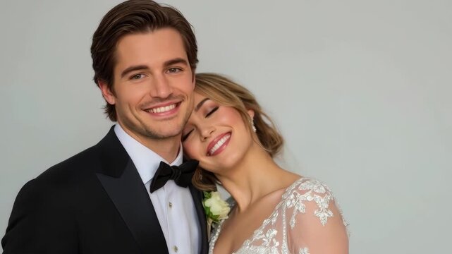 Wedding Couple Embrace in Elegant Formal Attire During Joyful Bride Groom Portrait Ceremony
