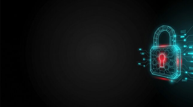 Minimalist Futuristic Cybersecurity Background with Glowing Digital Lock Wireframe and Wide Copy Space