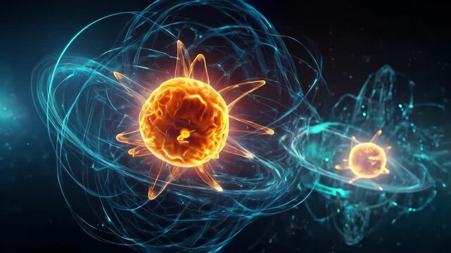Glowing Atomic Particle and Atom with Electron Trails, Swirling Energy in Dark Science Space