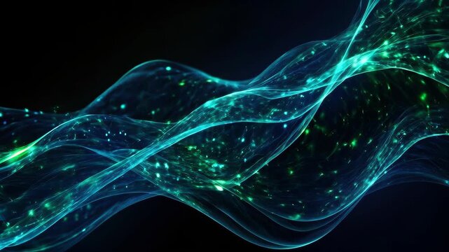 Abstract Teal Light Wave Flowing with Glowing Particles Through Dark Space Background