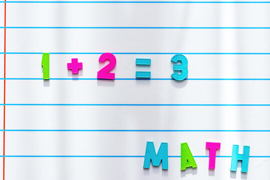 Colorful plastic numbers and letters showing a simple math equat