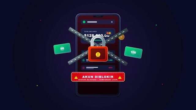 Digital mobile banking application showing a red security padlock for account protection and fraud prevention concept