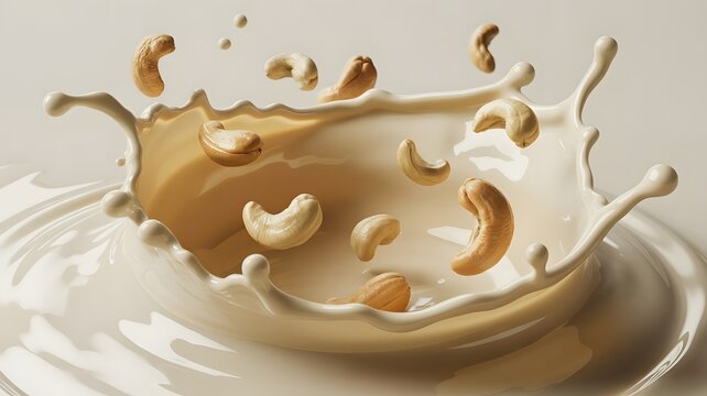 Crunchy organic cashew nuts falling into creamy white milk creating a refreshing splash of liquid motion