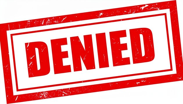 Bold Red Denied Rubber Stamp Graphic on Isolated White Background Symbolizing Application Rejection, Access Refusal, Declined Status, and Document Cancellation