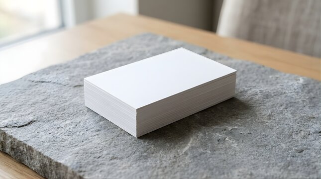 Stack of blank white business cards on a grey stone surface for branding