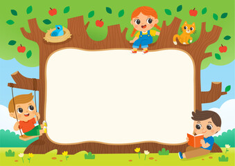 Naklejka premium Big tree frame template with cute kids playing swinging reading books, and cute animals like a cat and bird in a lush green garden.