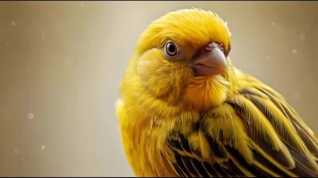 Yellow Songbird with Fluffy Plumage, Folded Wing Feathers and Bright Alert Eye