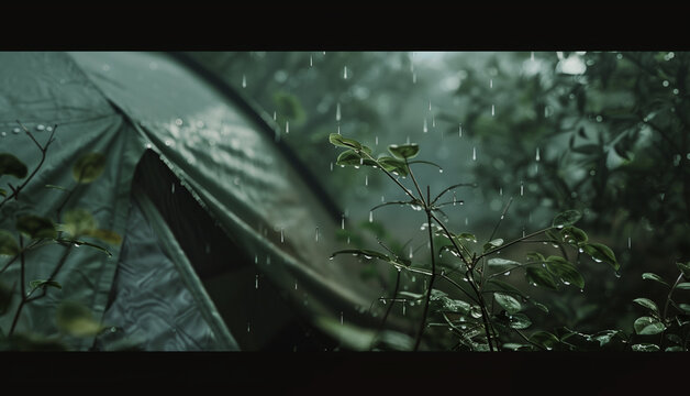 Moody Shot of Raindrops Hitting the Canvas of a Camping Tent Photography