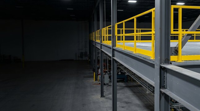 Industrial warehouse interior with heavy duty steel mezzanine and yellow safety railings