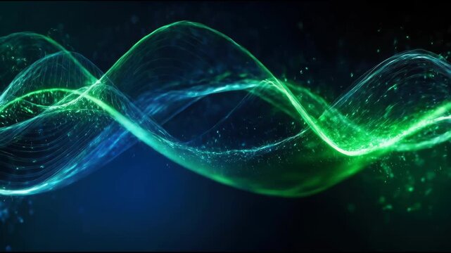 Abstract Digital Wave with Glowing Green Blue Particles on Dark Background