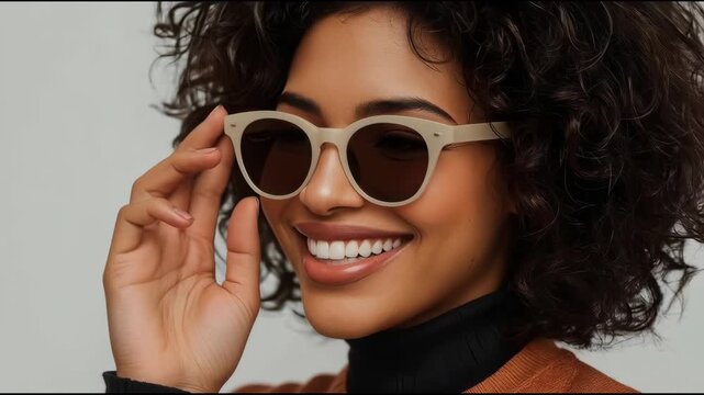 Smiling Woman Wearing Sunglasses, Curly Hair, Warm Clothing and Sweater Portrait
