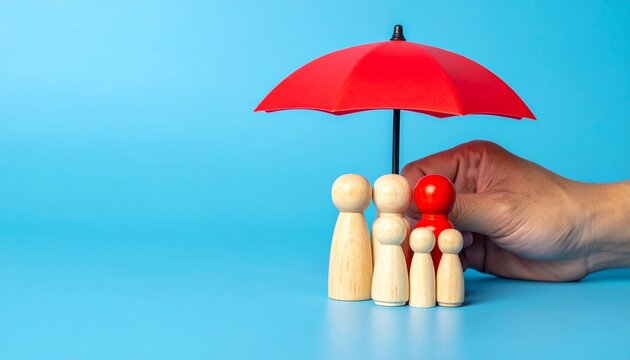 Human Hand Holding Red Umbrella Over Wooden Peg Family Figures on Blue Background Symbolizing Life Insurance, Family Protection, Risk Safety, and Financial Security