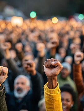 A large crowd rallies, raising their fists high in a powerful symbol of protest and activism, embodying a spirit of unity and collective action