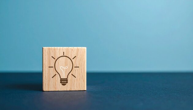 Single Wooden Cube Block Engraved with Light Bulb Icon on Blue Surface Symbolizing Creative Idea Generation, Innovation, Bright Thinking, and Business Solution