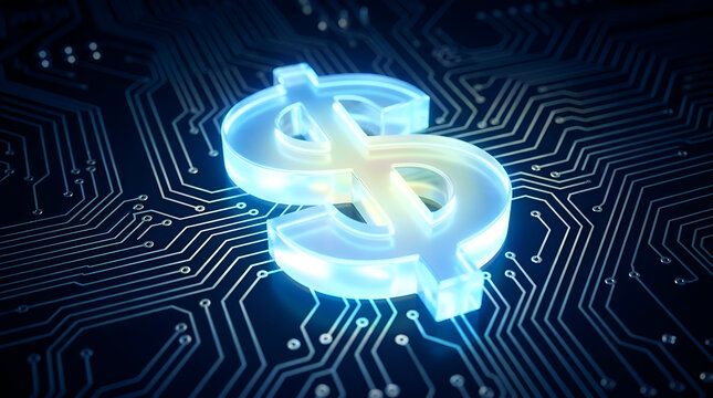 Glowing blue dollar sign symbol on digital computer circuit board background