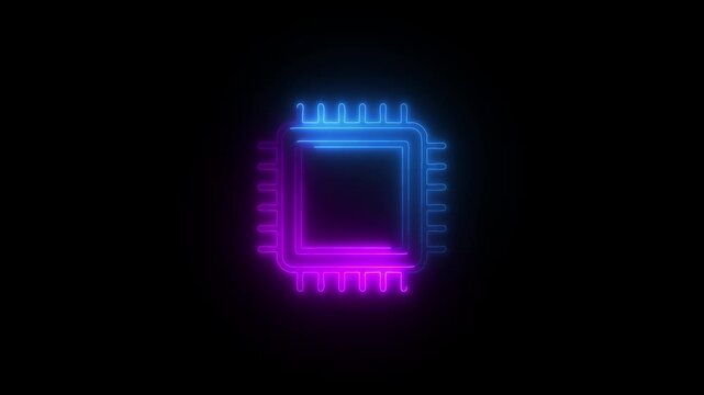 Neon Integrated Circuit Diagram Glow Animation, Futuristic Microchip Outline with Pulsing Electric Connections, Vibrant Multicolor PCB Tech Design on Black Background