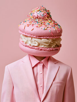 A mannequin in a pink suit with a head made from a macaron ice cream sandwich