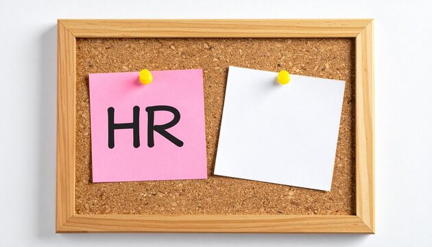 Cork Bulletin Board with Wooden Frame Displaying Pink Sticky Note Handwritten HR and Blank White Note Pinned with Yellow Push Pins Symbolizing Human Resources Management, Office Communication, and Wor