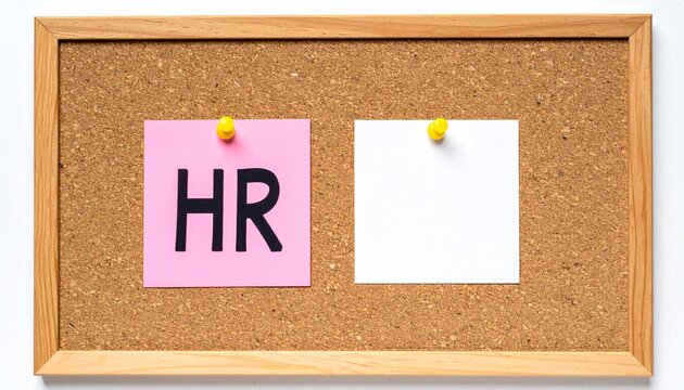 Cork Bulletin Board with Wooden Frame Displaying Pink Sticky Note Handwritten HR and Blank White Note Pinned with Yellow Push Pins Symbolizing Human Resources Management, Office Communication, and Wor