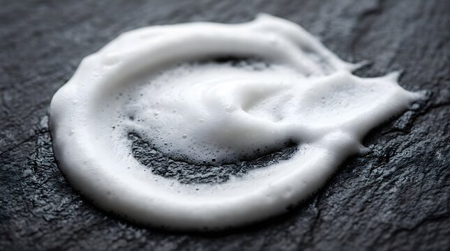 White soap foam smear on dark black slate surface for skincare product