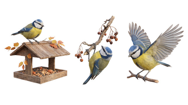 Three blue tits items set containing blue tit birds perched on a wooden bird feeder with autumn leaves, one bird in flight isolated on transparent background.