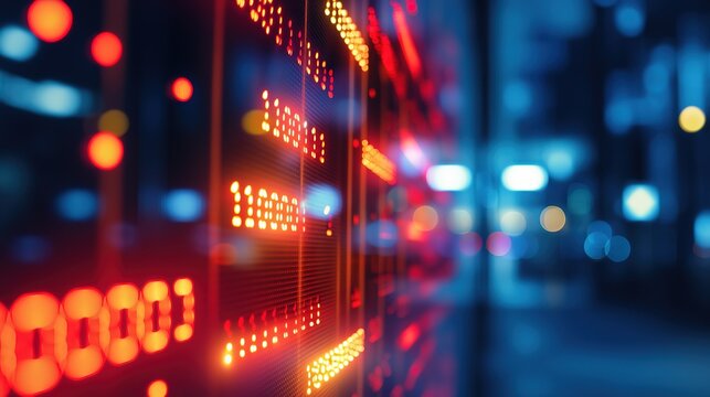 Abstract close‑up shot of digital stock ticker data display screen, glowing red‑yellow numbers and symbols including binary and numeric sequences, side viewing angle with extremely shallow depth of fi