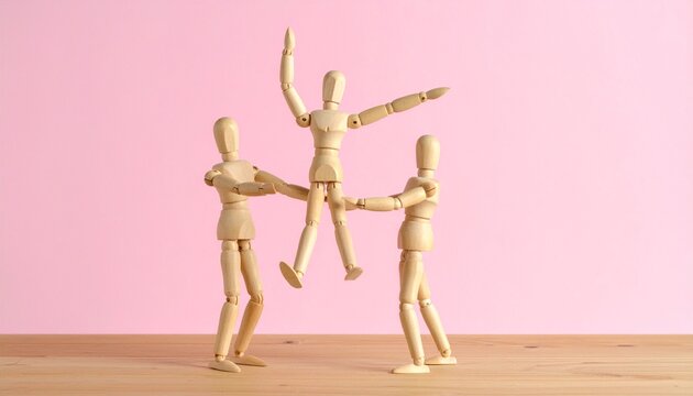 Two Wooden Artist Mannequins Lifting Third Figure in Triumph Pose on Pink Background Symbolizing Teamwork Support, Group Success, Partnership, and Shared Victory