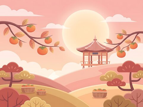 Autumn landscape with persimmon trees, traditional pavilion, and harvest baskets under a soft sunset sky, vector illustration of a peaceful fall scene