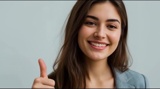 Smiling Young Woman Gray Blazer Portrait Giving Thumbs Up Approval Gesture Against Neutral