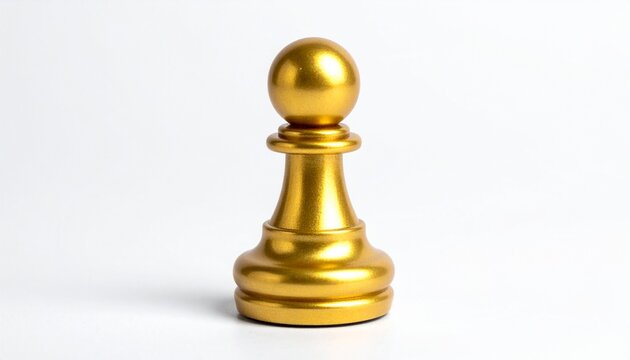 Single Metallic Golden Chess Pawn Standing Isolated on Plain White Background Symbolizing Business Strategy, Potential Growth, First Move, and Victory Opportunity