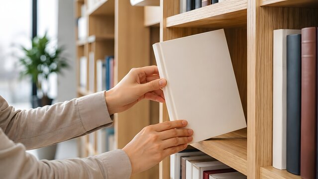 Person Picking Up a Blank White Cover Book from a Wooden Bookshelf in a Library