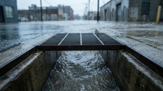 Flood Control Infrastructure: Urban drainage infrastructure controlling water flow through a flooded city 